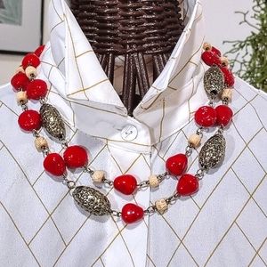 Necklace Fashion Jewelry Beads 20" Red August Max Beaded Double Hung